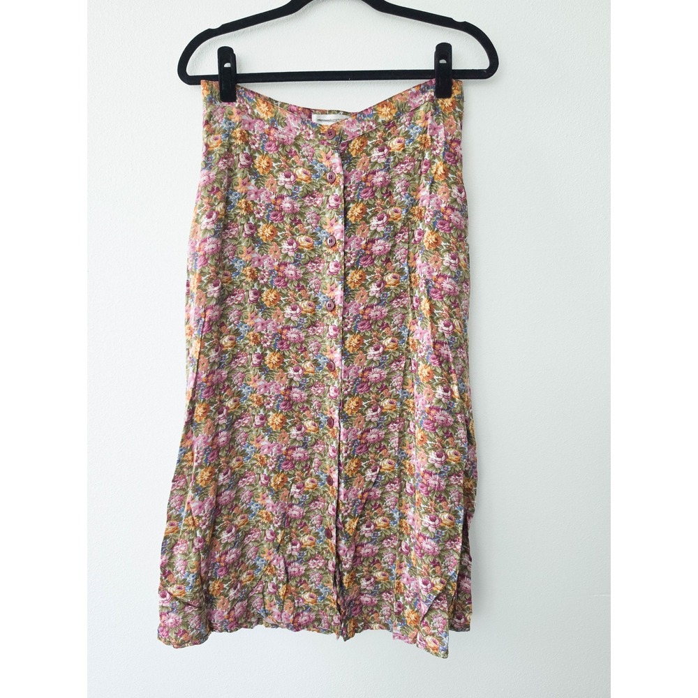 Christopher & Banks Floral Button Front Midi Skirt Pink Gold Cottagecore Size 8